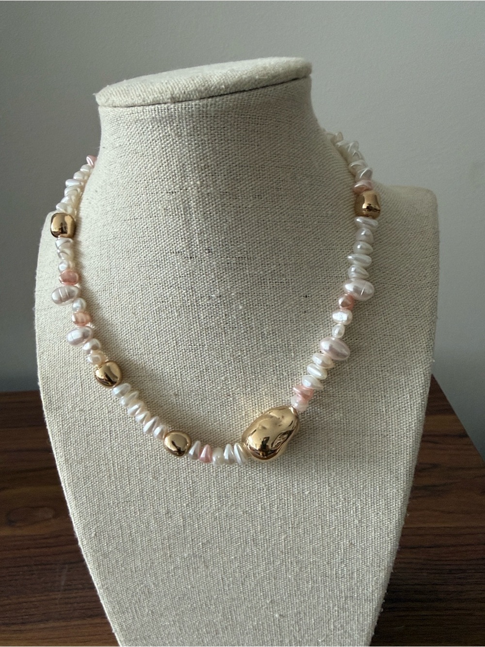 Artisan Necklace with white & Blush Fresh Water Pearls & Polished Gold Nuggets.